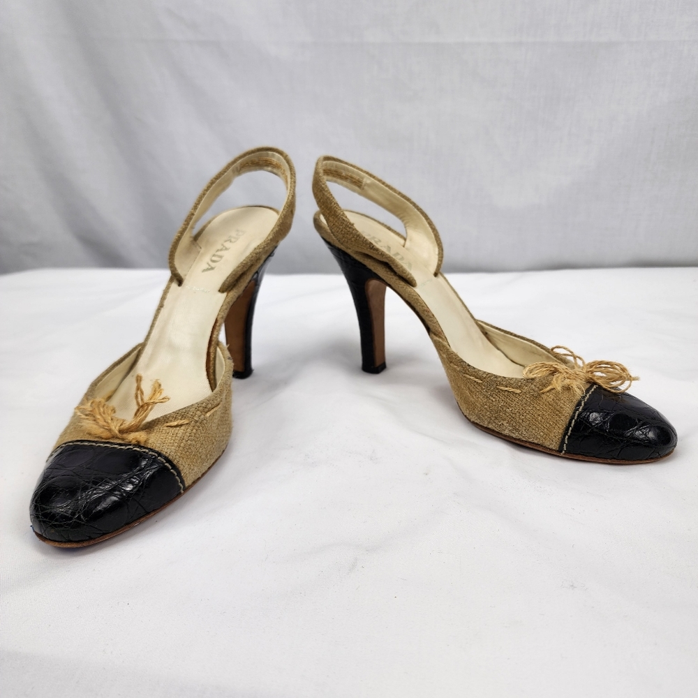 Prada Cream Tweed & Black Leather Round Toe Sling Back Heels Prada 38.5 US 8.5
